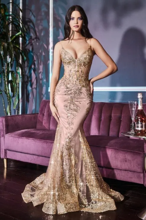 Embroidered Fantasy Rose Pink Sequined Sleeveless Mermaid Gown