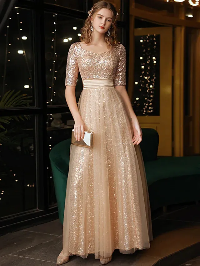 Evening Gown Sparkle Dress Wedding Guest Floor Length Half Sleeve V Neck Sequined with Bow(s) Sequin