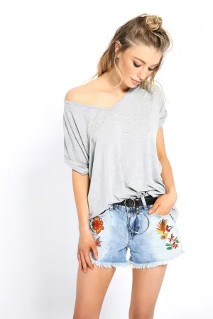 Grey Basic V Neck Oversized Tee