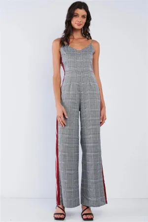 Grey Checkered V-Neck Sleeveless Red&White Accent Side Stripe Wide Leg Jumpsuit /1-2-3