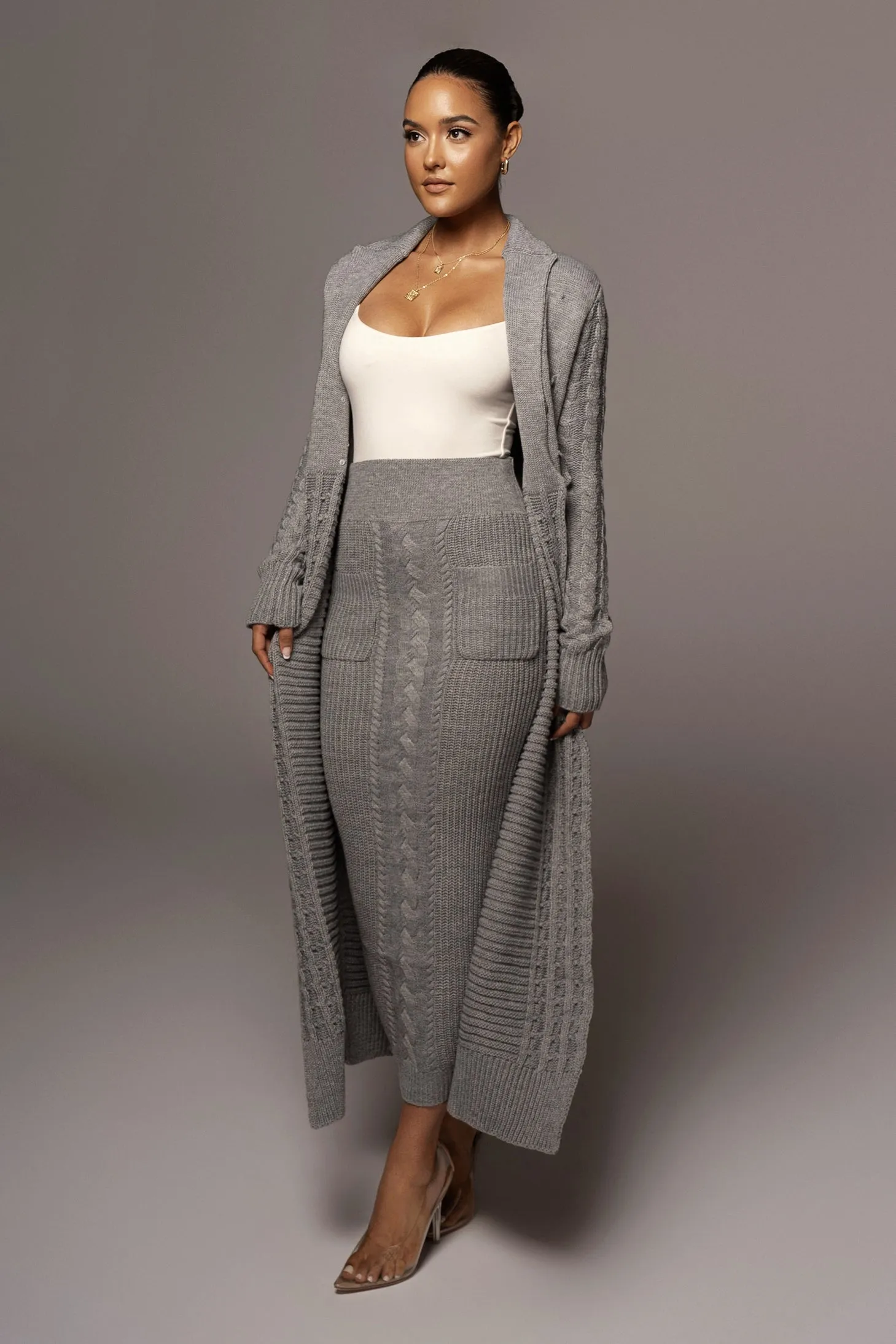Grey Missy Cable Sweater Midi Skirt