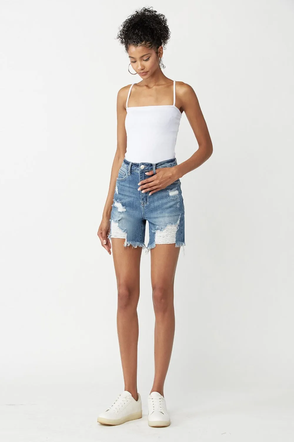 Hazel Blues® |  RISEN High Waisted Distressed Denim Shorts