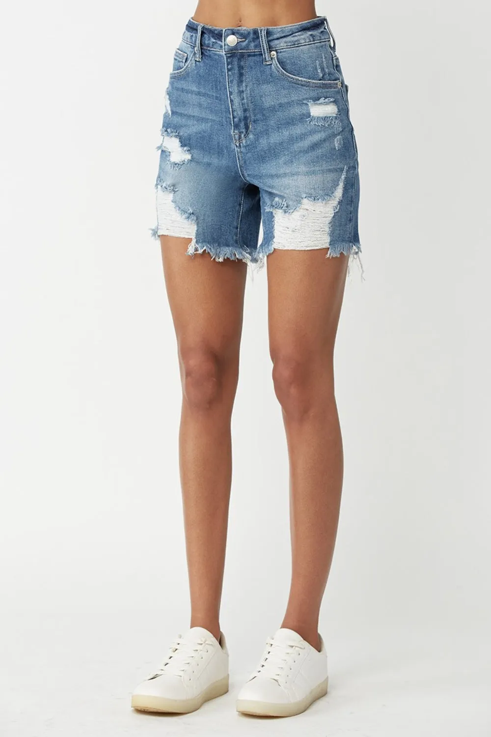 Hazel Blues® |  RISEN High Waisted Distressed Denim Shorts
