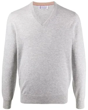 Heather Grey V-Neck Cashmere Knit Sweater