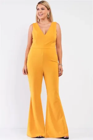 Junior Plus Mustard Sleeveless Deep Plunge V-Neck Wide Leg Jumpsuit /1-1-1
