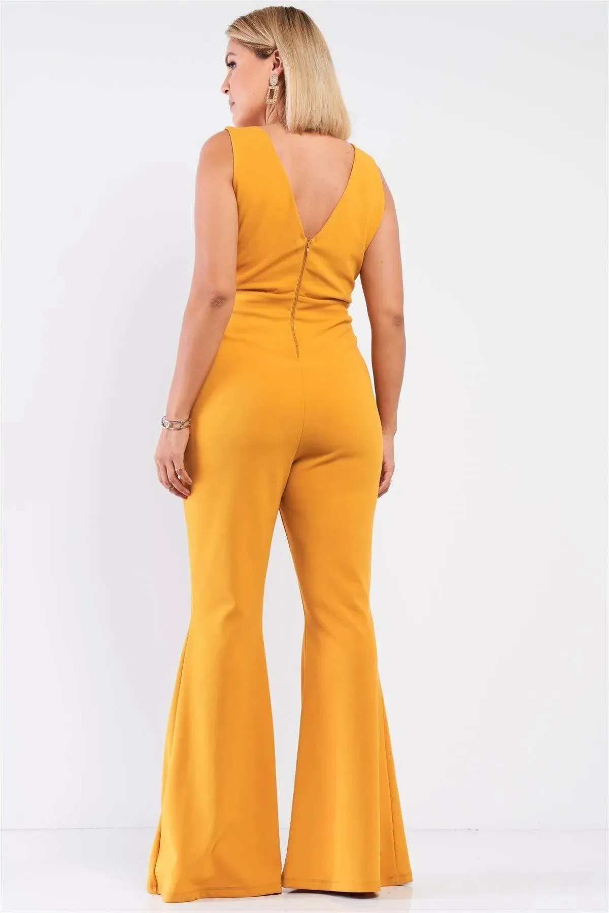 Junior Plus Mustard Sleeveless Deep Plunge V-Neck Wide Leg Jumpsuit /1-1-1