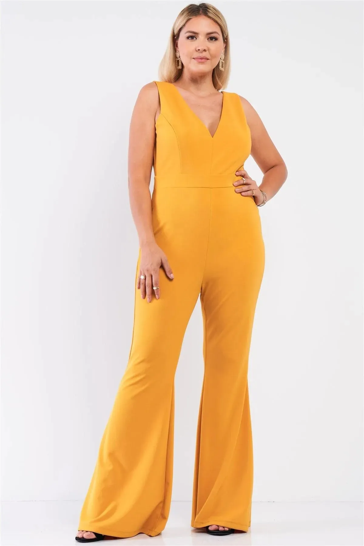 Junior Plus Mustard Sleeveless Deep Plunge V-Neck Wide Leg Jumpsuit /1-1-1