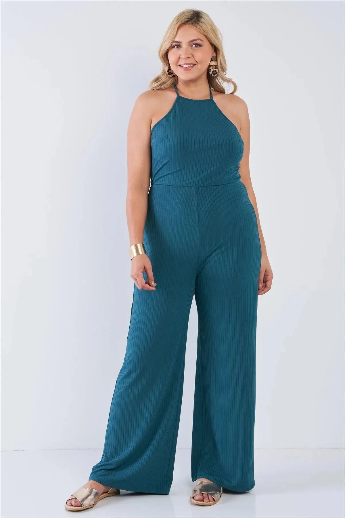 Junior Plus Size Teal Halter Neck Rib Knit Wide Leg Jumpsuit /2-1-1