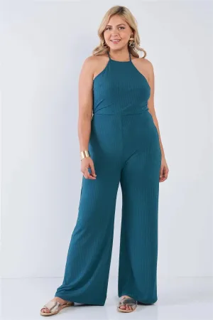 Junior Plus Size Teal Halter Neck Rib Knit Wide Leg Jumpsuit /2-1-1