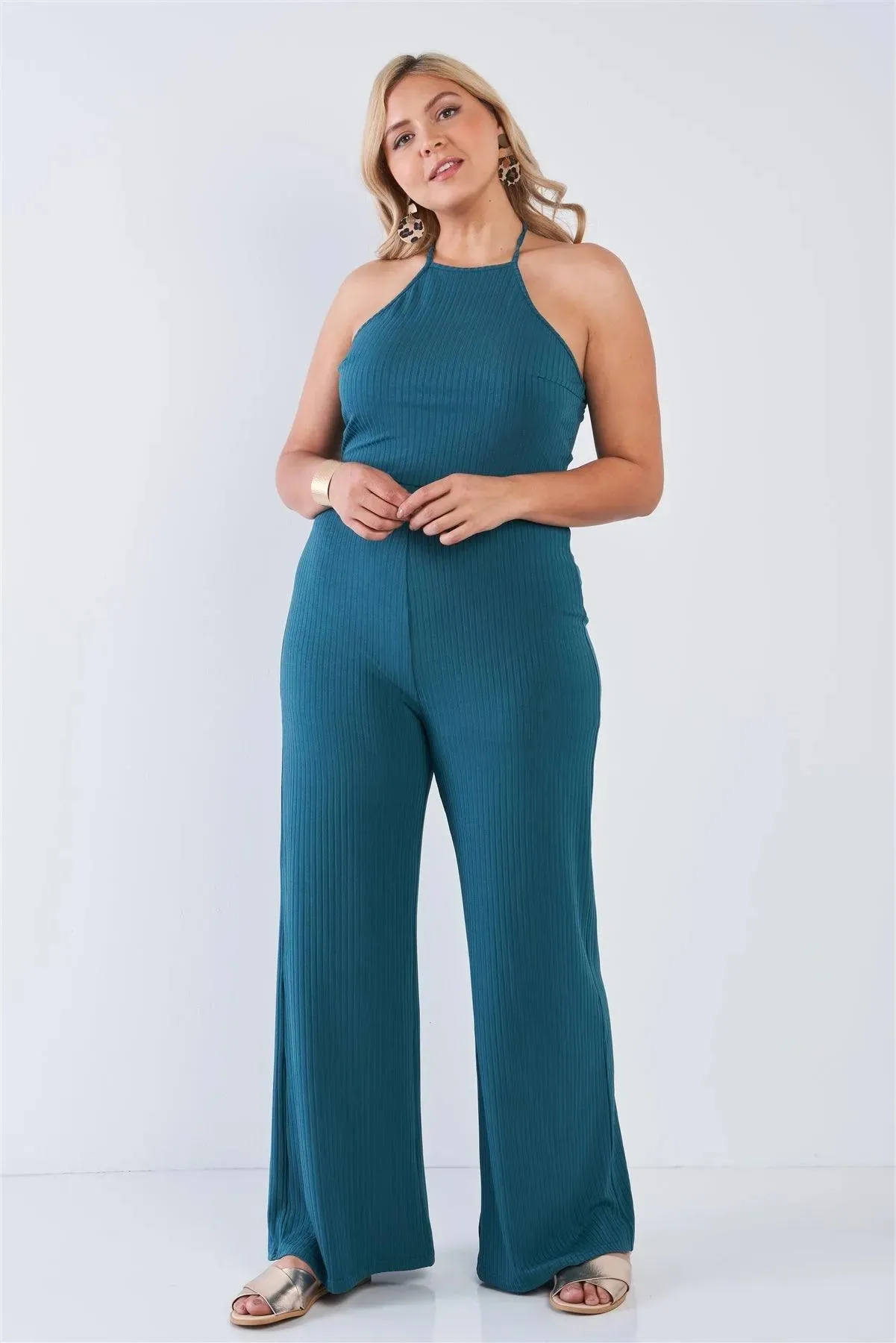 Junior Plus Size Teal Halter Neck Rib Knit Wide Leg Jumpsuit /2-1-1
