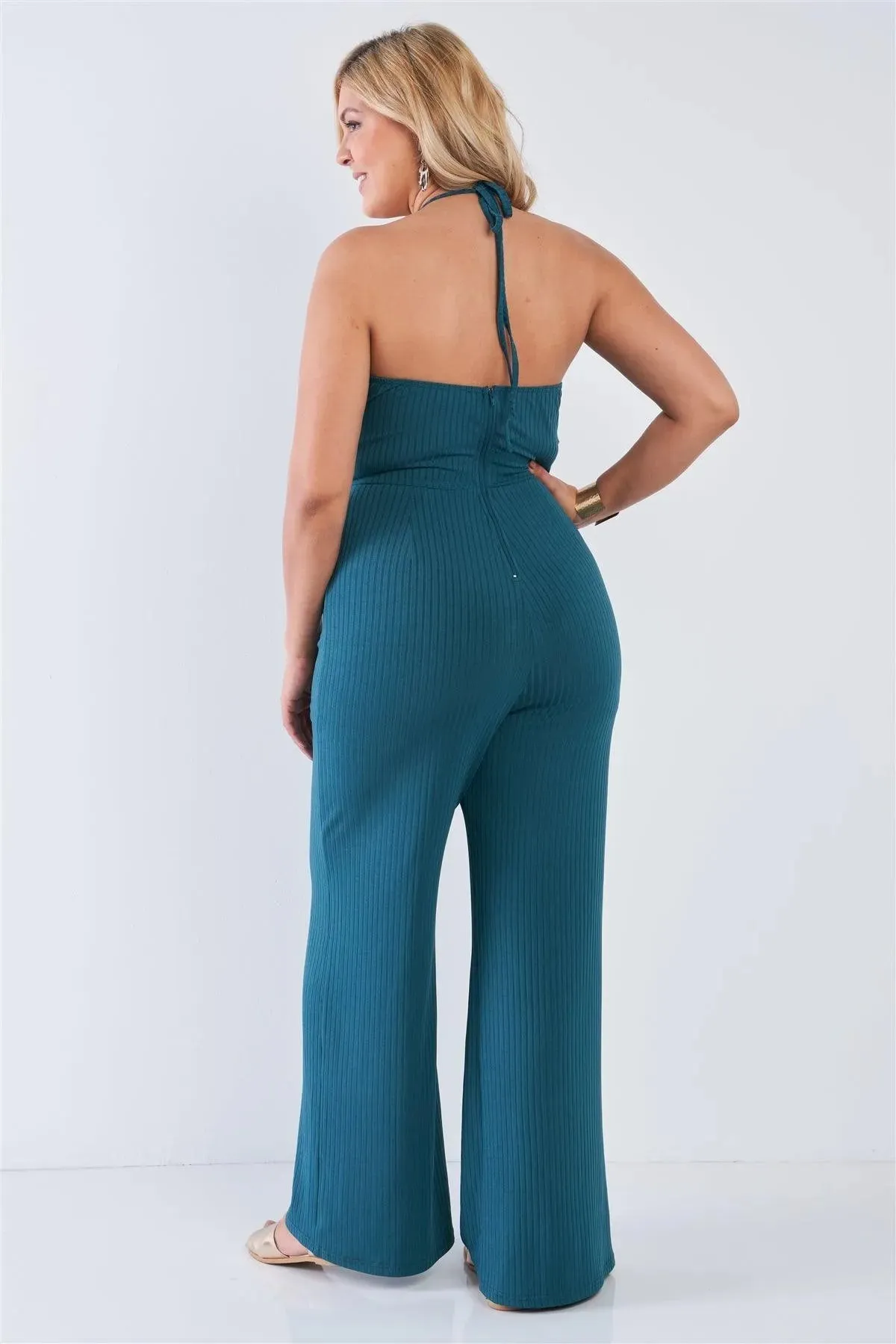 Junior Plus Size Teal Halter Neck Rib Knit Wide Leg Jumpsuit /2-1-1