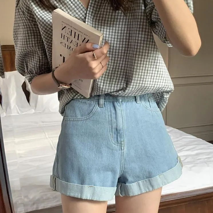 [Korean Style] High Rise Light Washed Denim Shorts