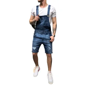 Men's Bib Overalls Ripped Denim Jumpsuit Romper Workout Shorts Jean