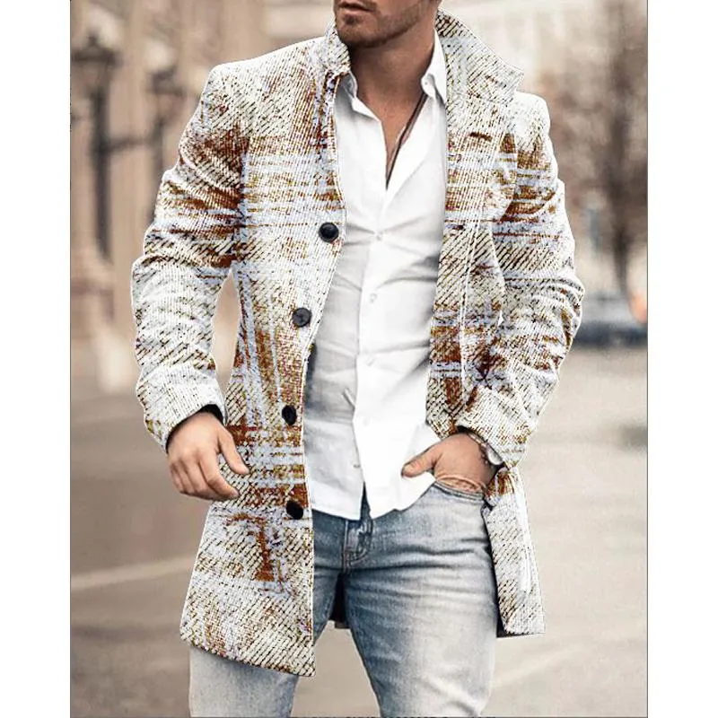 Men's Mid-Length Plaid Print Coat Casual Windbreaker 90207430L