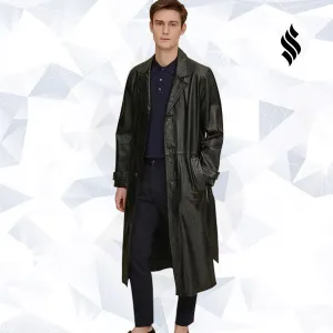 Mens Retro Leather Vintage Long Trench Coat
