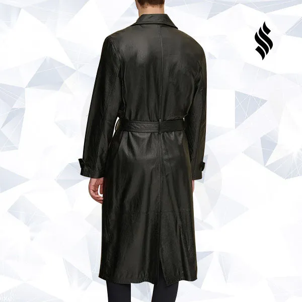 Mens Retro Leather Vintage Long Trench Coat