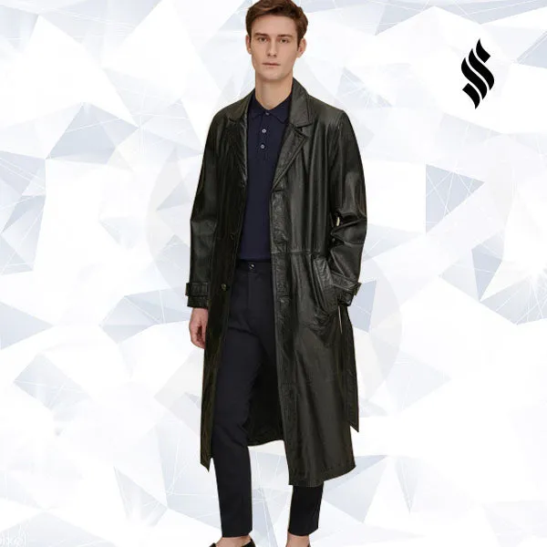 Mens Retro Leather Vintage Long Trench Coat