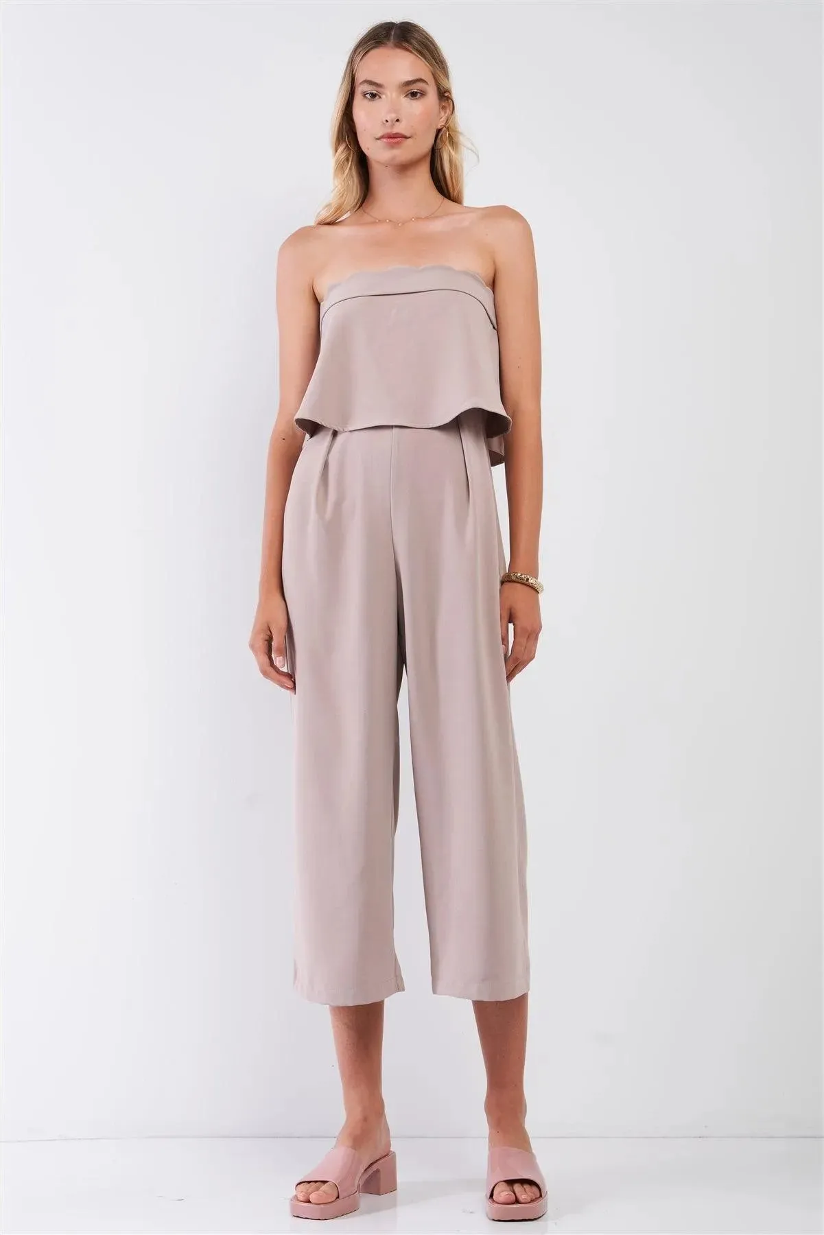 Mocha Strapless Layered Top High Waist Wide Leg Ankle Length Jumpsuit