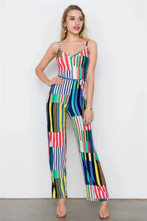 Multi Blue Color Block Cami Bodycon Wide Leg Jumpsuit / 2-2-2