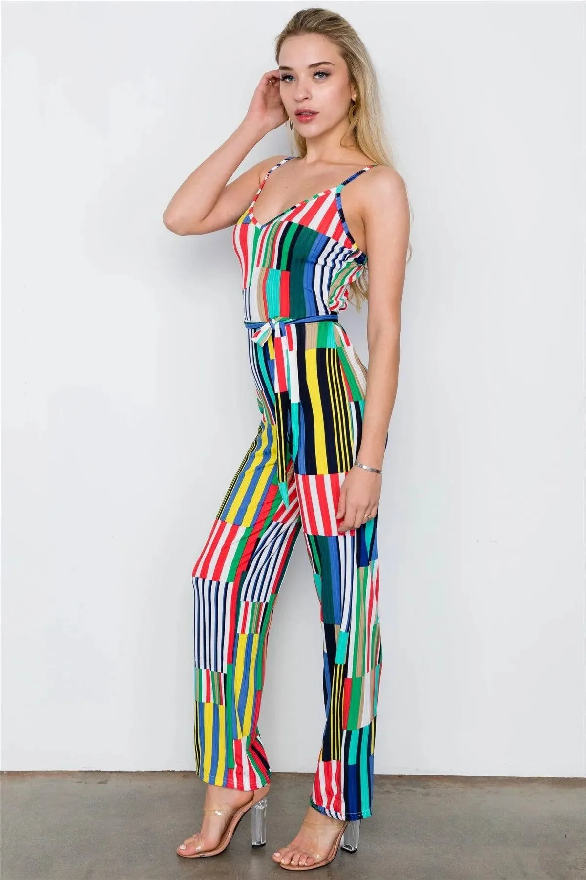Multi Blue Color Block Cami Bodycon Wide Leg Jumpsuit / 2-2-2