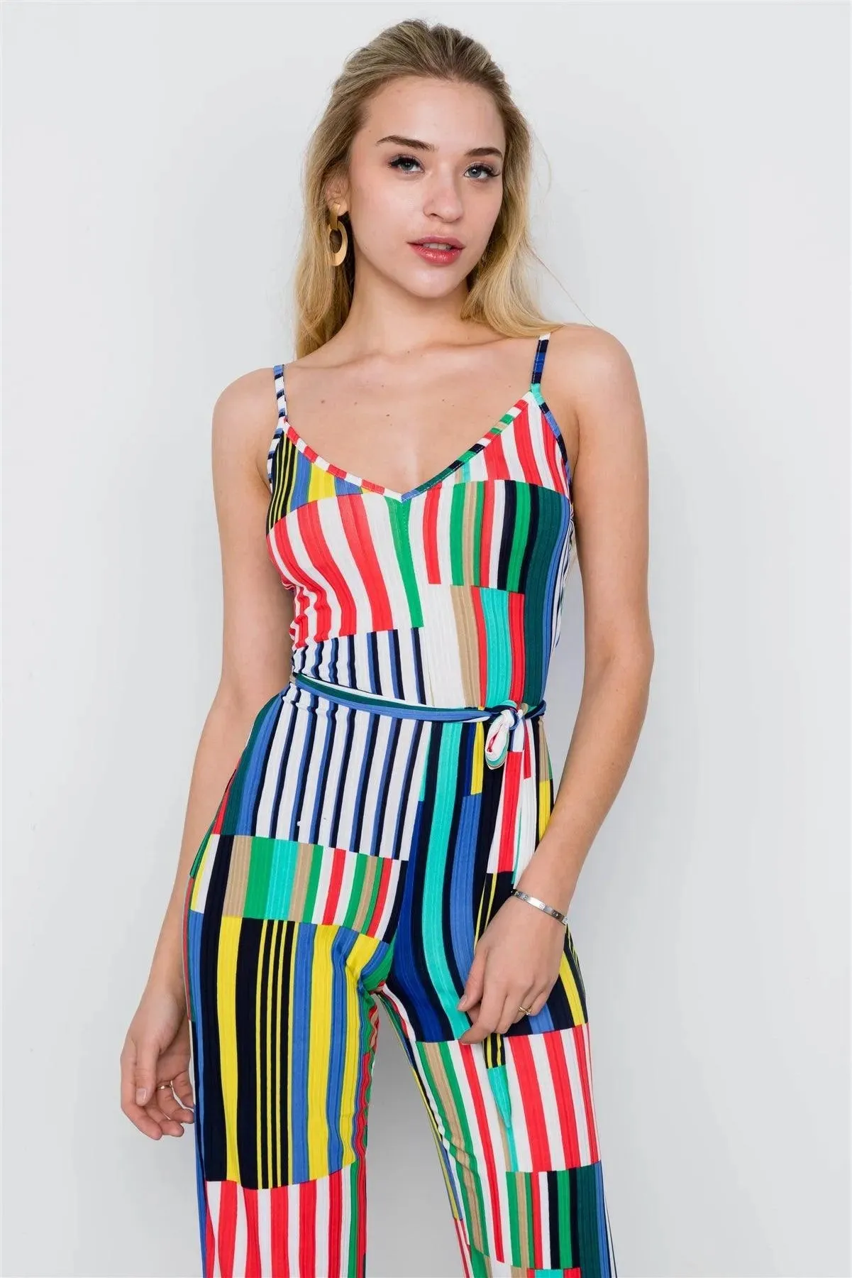 Multi Blue Color Block Cami Bodycon Wide Leg Jumpsuit / 2-2-2