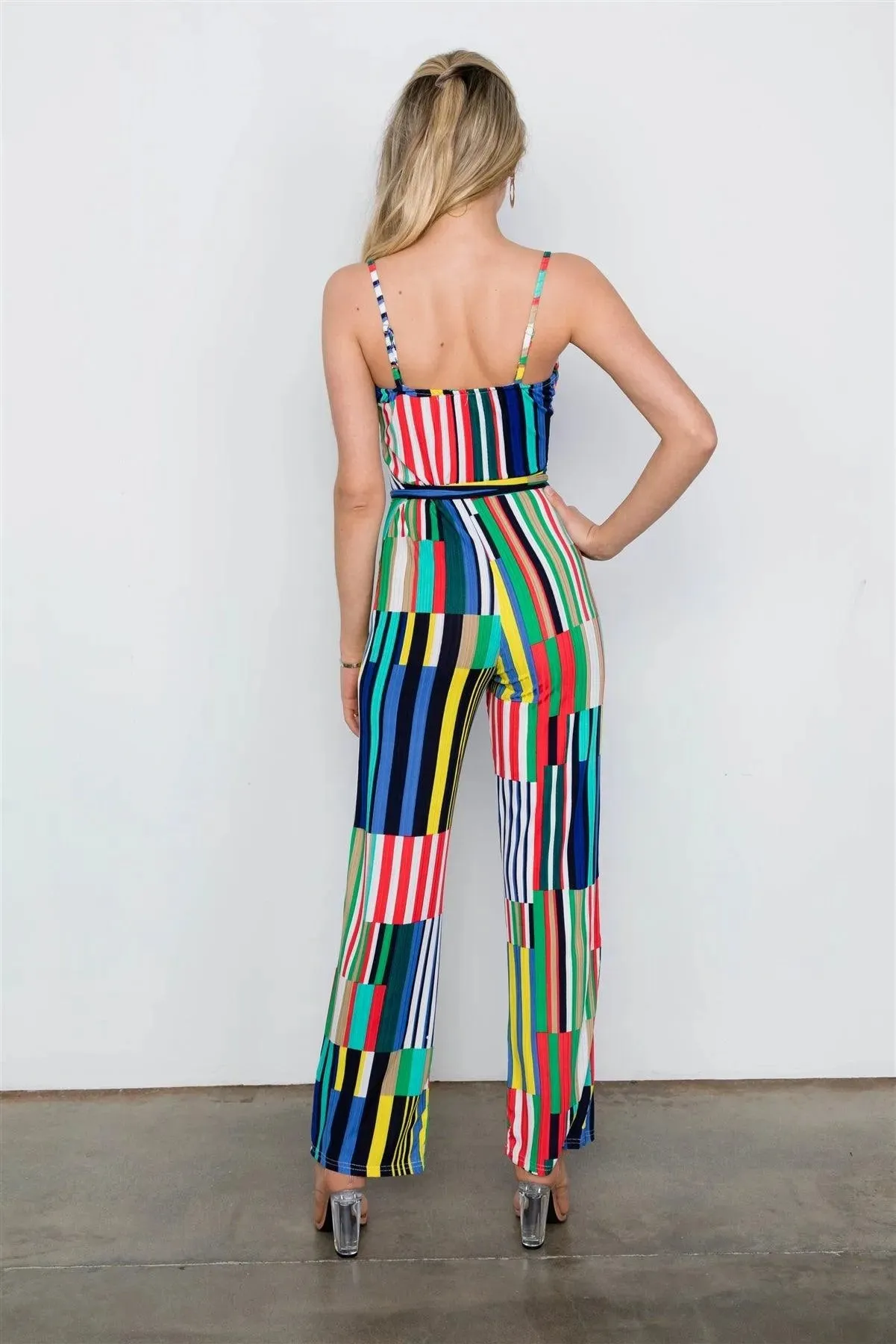 Multi Blue Color Block Cami Bodycon Wide Leg Jumpsuit / 2-2-2