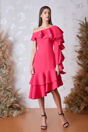 Off-The-Shoulder Ruffled Asymmetrical Midi Dress