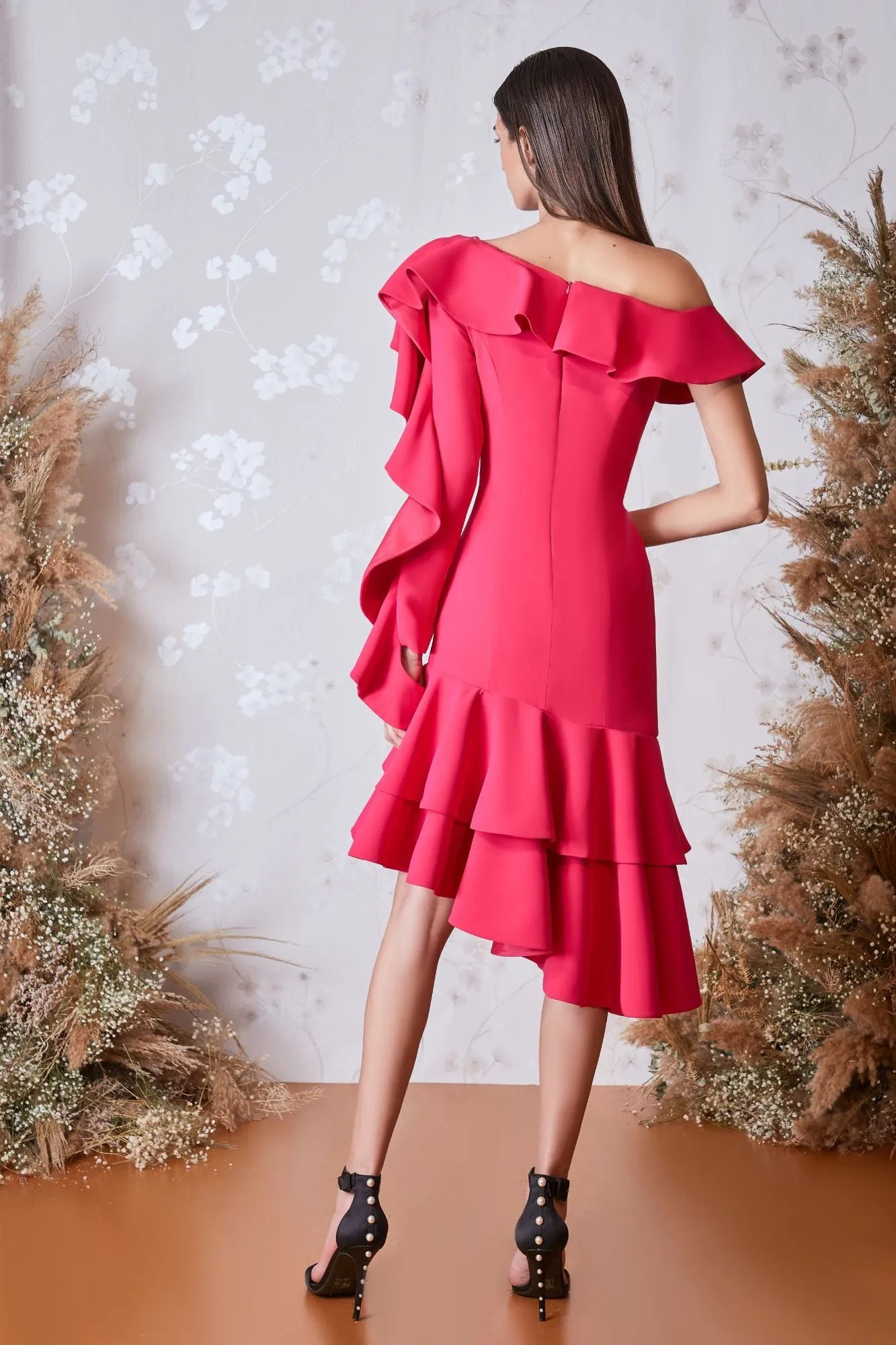 Off-The-Shoulder Ruffled Asymmetrical Midi Dress