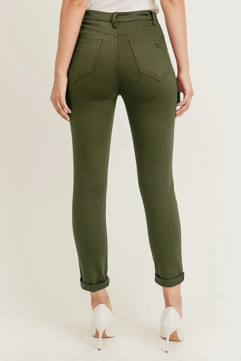 Olive Distressed Relaxed Skinny Jeans