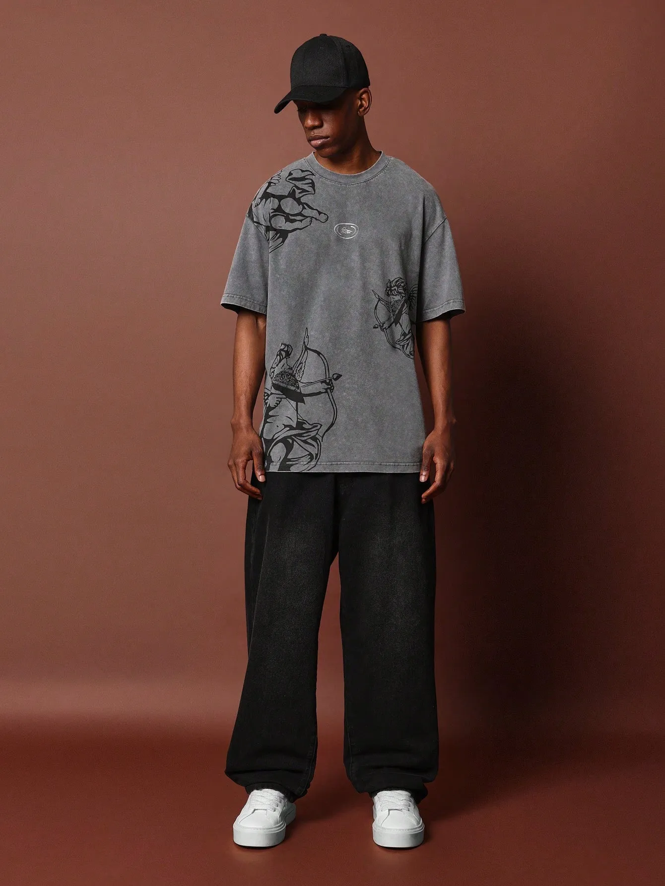 Oversized Fit Short Sleeve Washed Tee With Cherub Graphic Print
