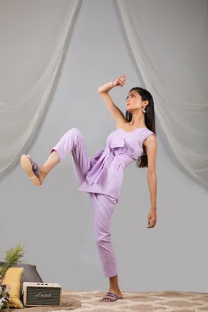 Pastel Lilac Onne Shoulder Waist Tie Up Jumpsuit
