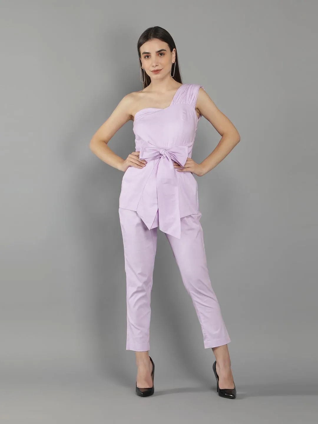Pastel Lilac Onne Shoulder Waist Tie Up Jumpsuit