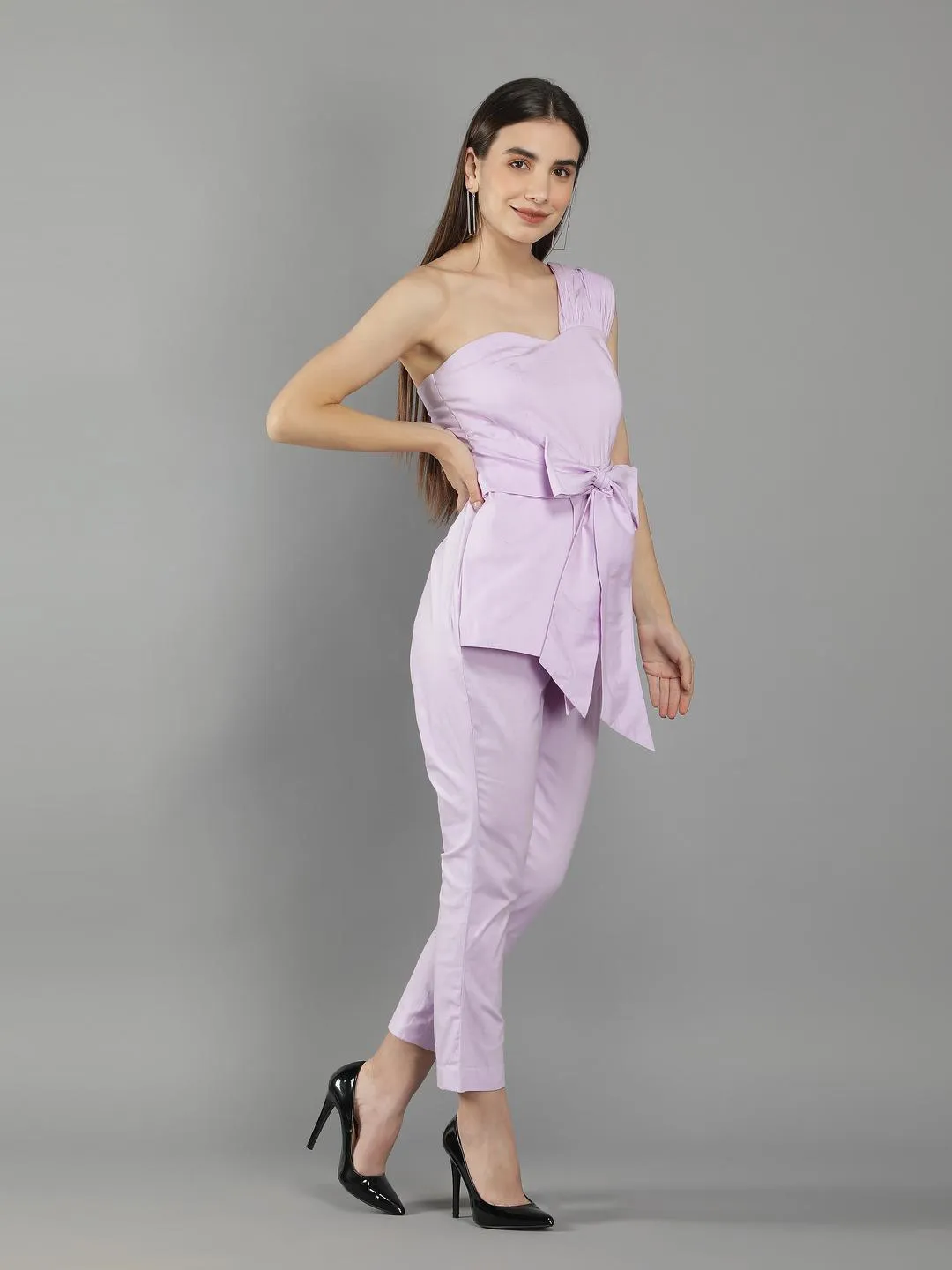 Pastel Lilac Onne Shoulder Waist Tie Up Jumpsuit
