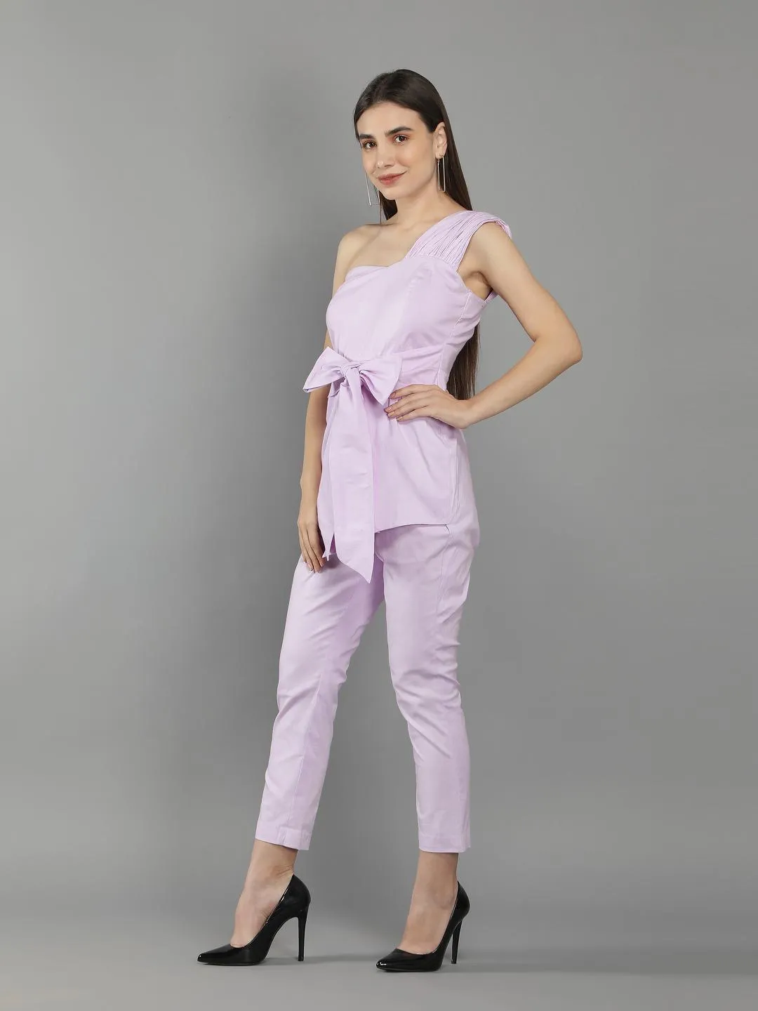 Pastel Lilac Onne Shoulder Waist Tie Up Jumpsuit