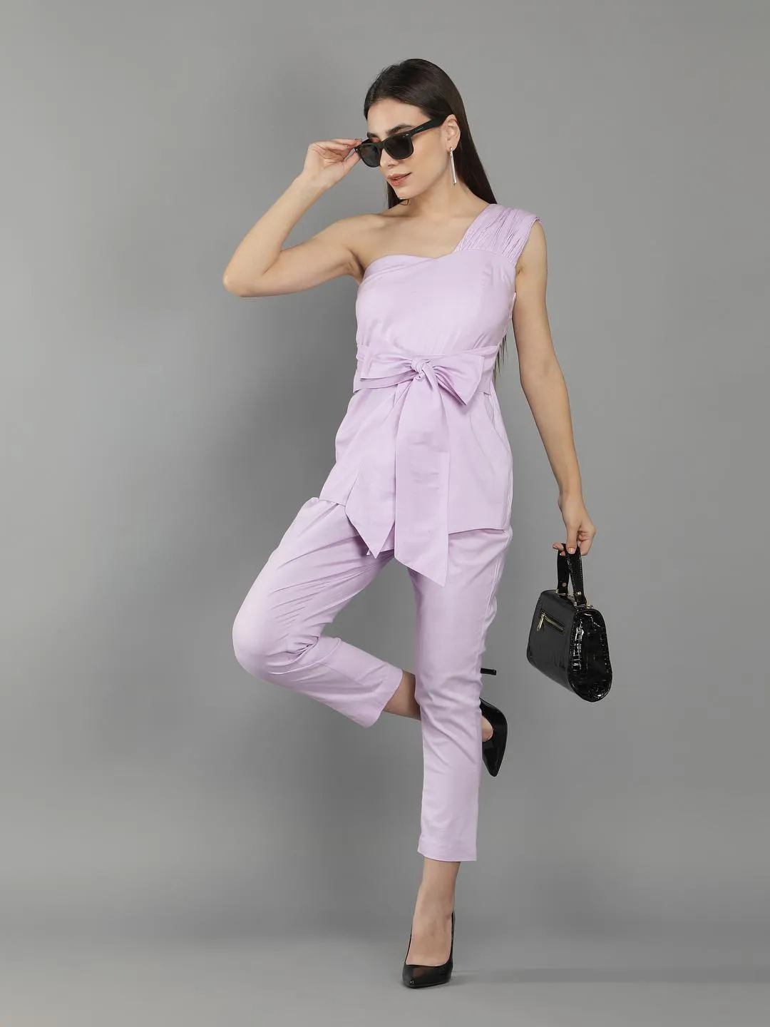 Pastel Lilac Onne Shoulder Waist Tie Up Jumpsuit