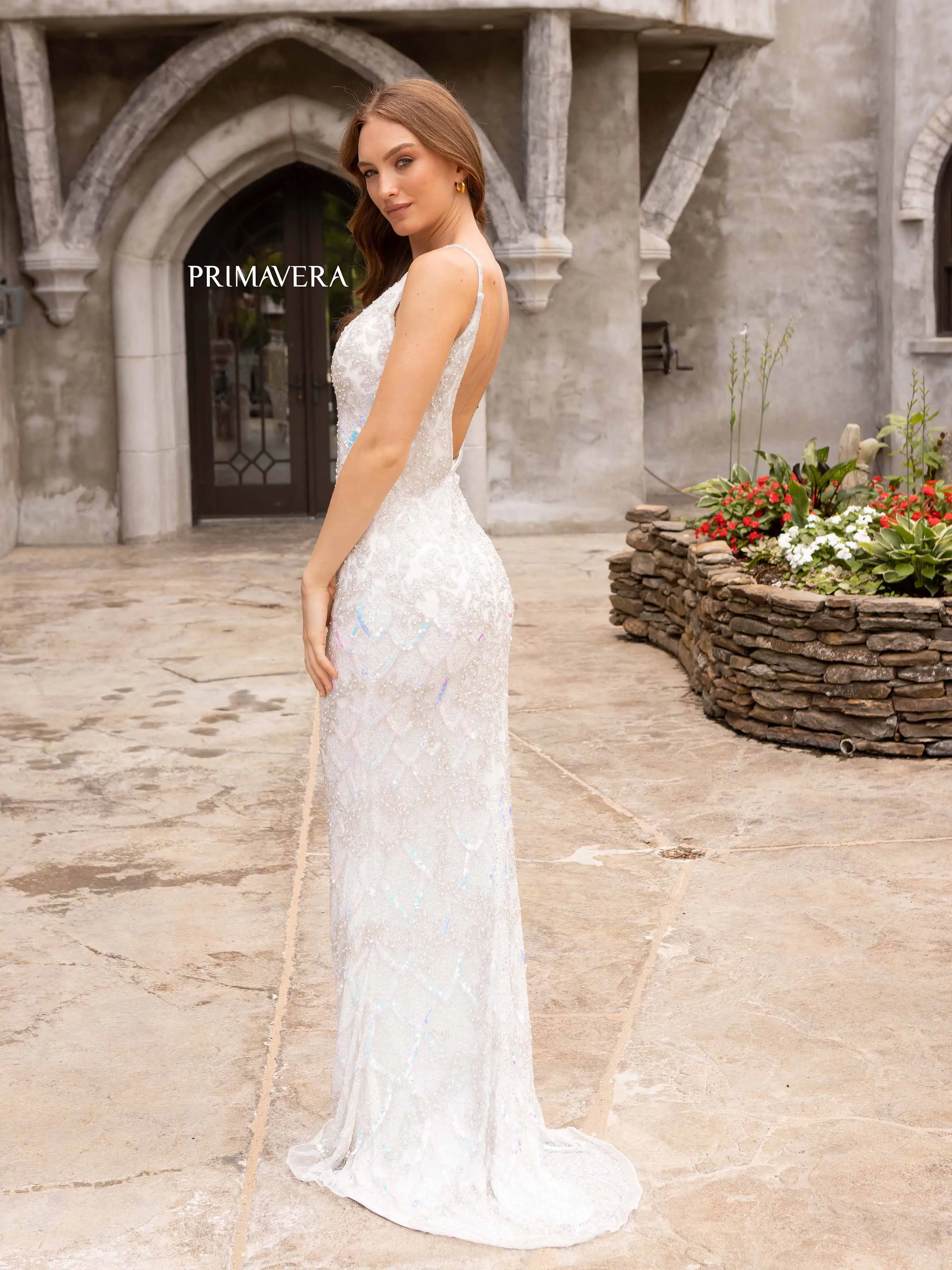 Primavera Couture 3903 Size 4 Ivory Iridescent Sequined Prom Dress
