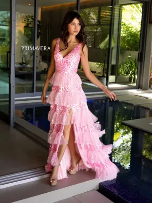 Primavera Couture 4142 Long Prom Dress Sequin Fitted High Slit Open Low Back Layered Ruffle Formal Pageant Gown