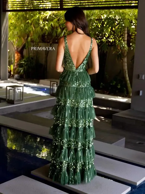 Primavera Couture 4142 Long Prom Dress Sequin Fitted High Slit Open Low Back Layered Ruffle Formal Pageant Gown