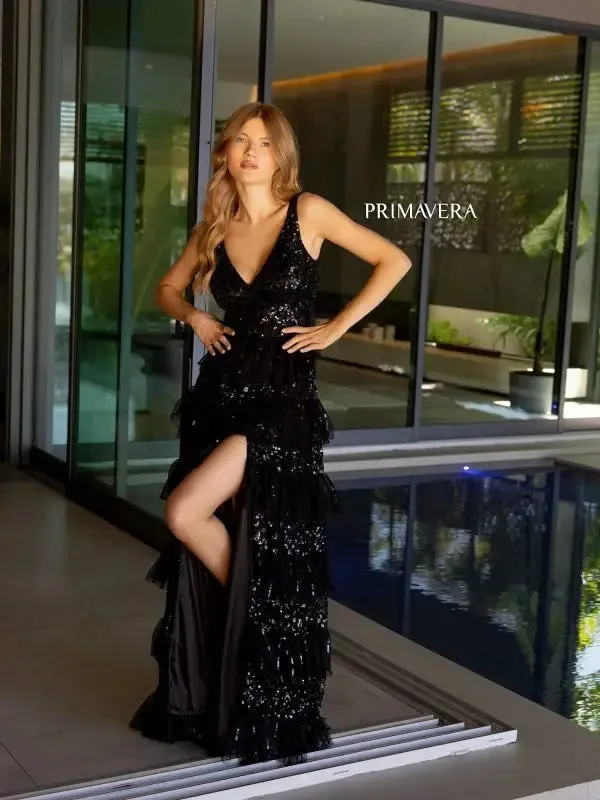 Primavera Couture 4142 Long Prom Dress Sequin Fitted High Slit Open Low Back Layered Ruffle Formal Pageant Gown