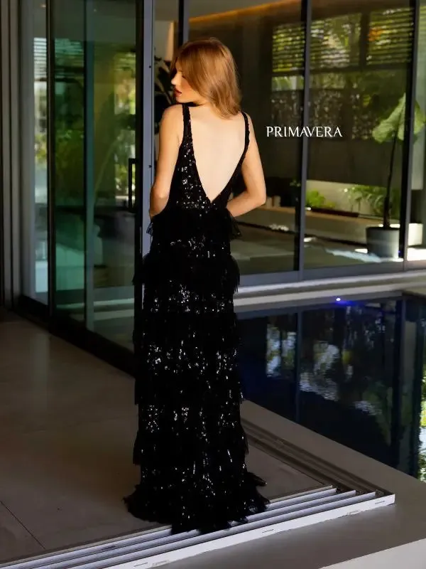Primavera Couture 4142 Long Prom Dress Sequin Fitted High Slit Open Low Back Layered Ruffle Formal Pageant Gown