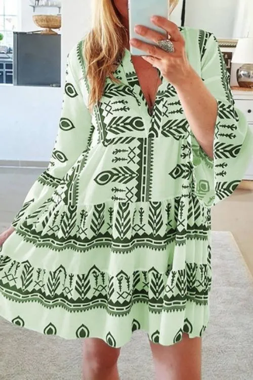 Print V Neck Flares Sleeve Mini Dress