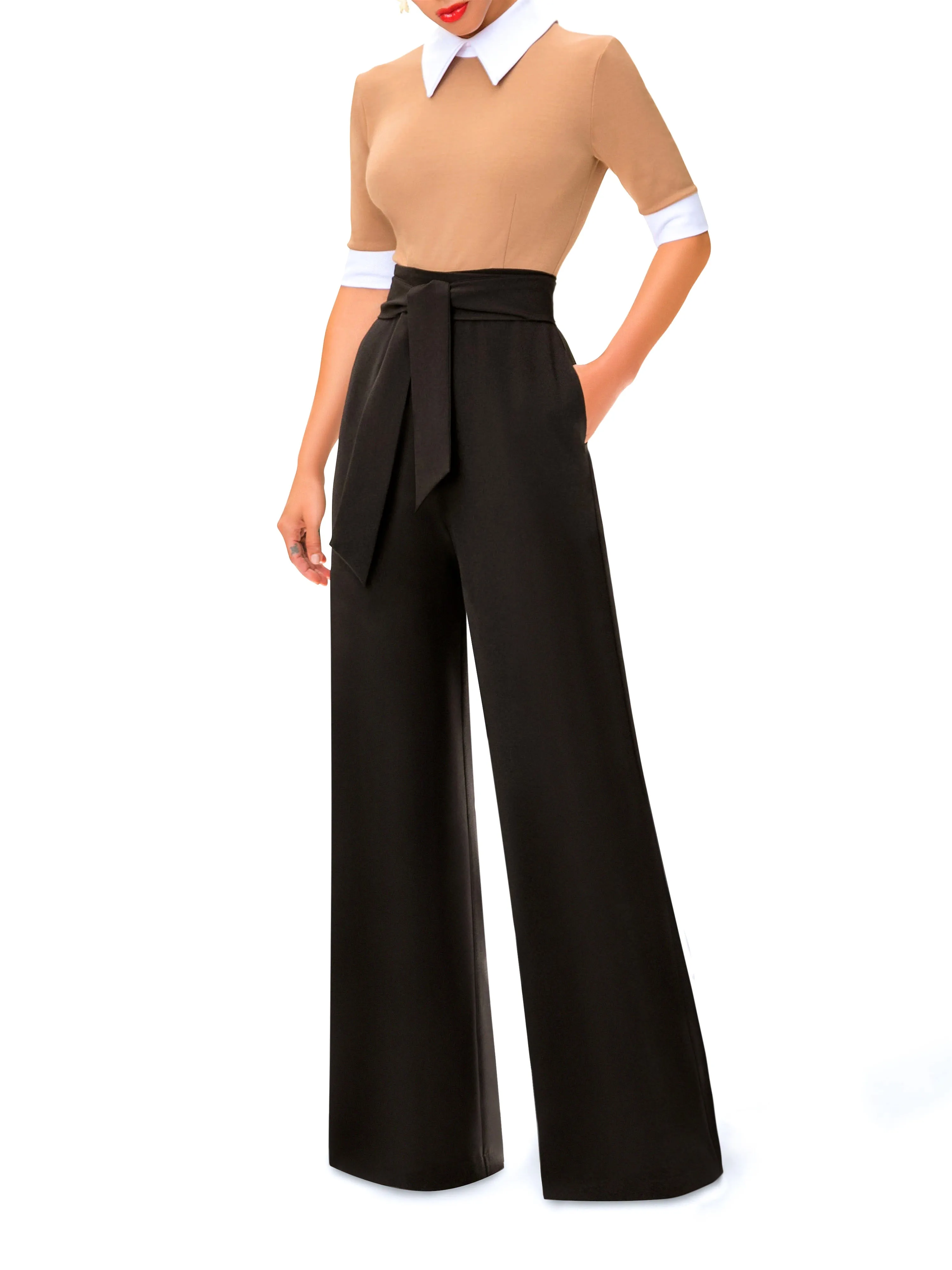 "Marina" Taupe and Black Jumpsuit w/ Collar