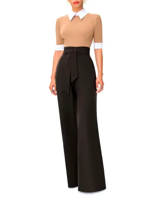 "Marina" Taupe and Black Jumpsuit w/ Collar