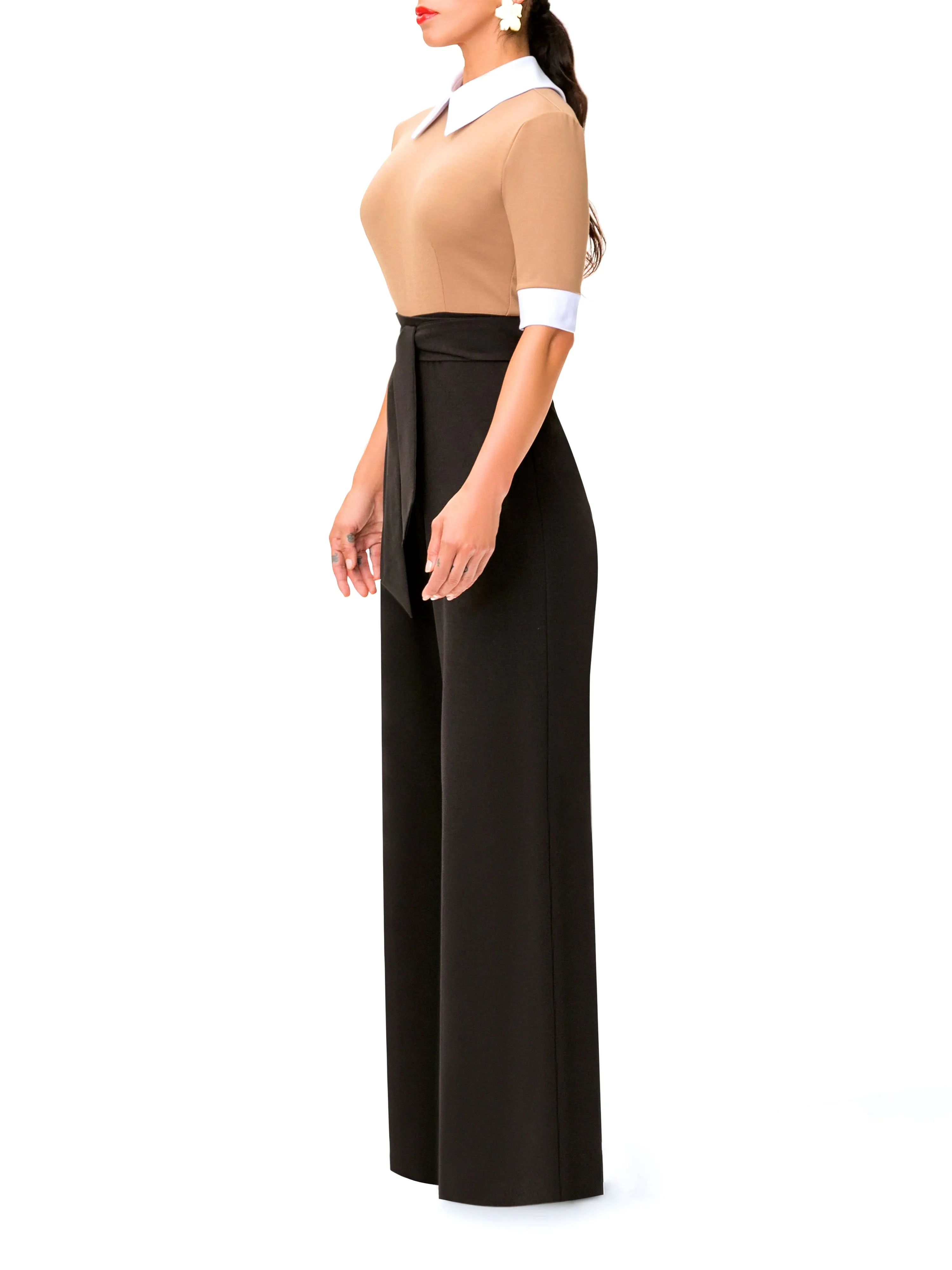 "Marina" Taupe and Black Jumpsuit w/ Collar