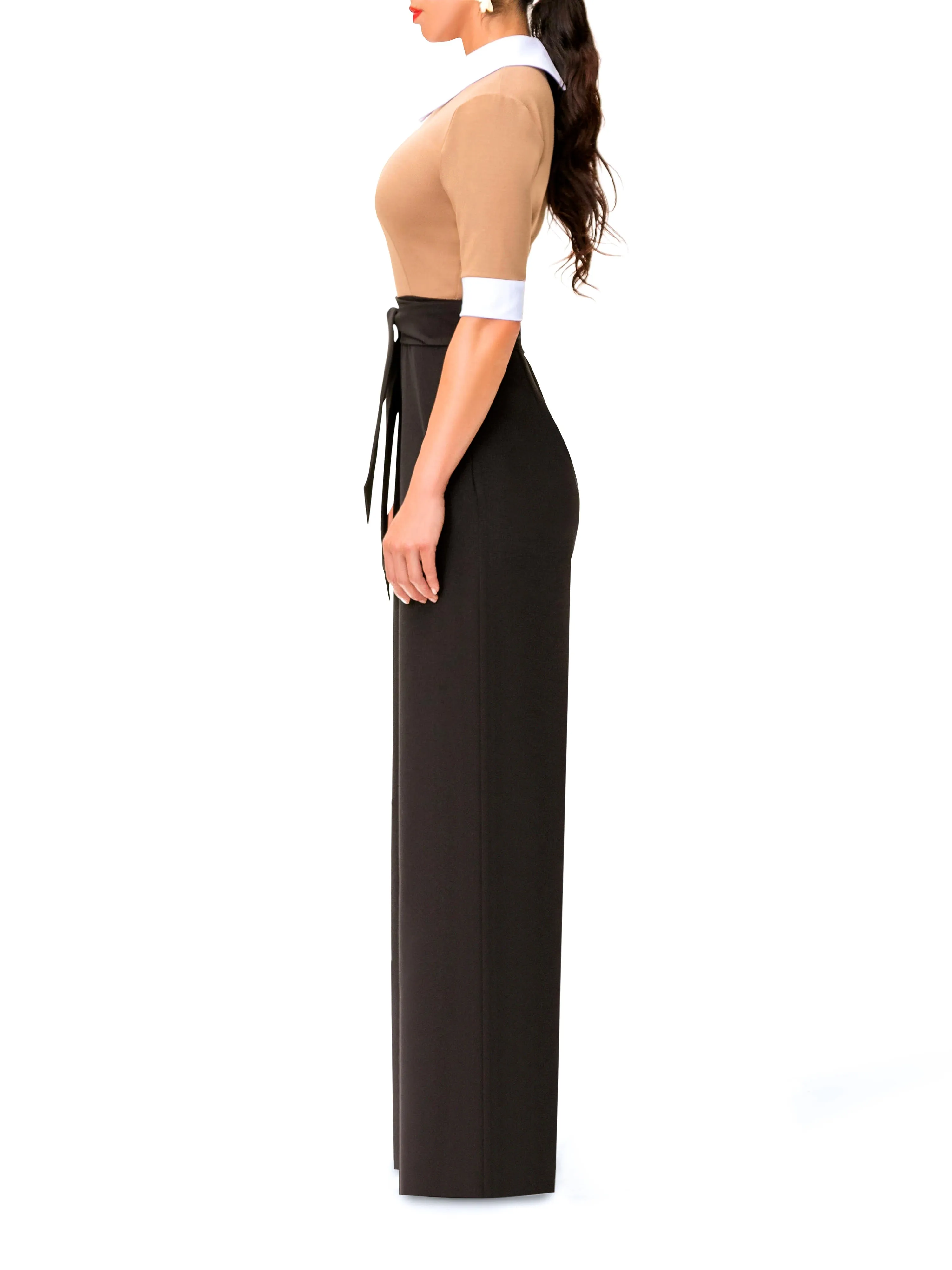 "Marina" Taupe and Black Jumpsuit w/ Collar