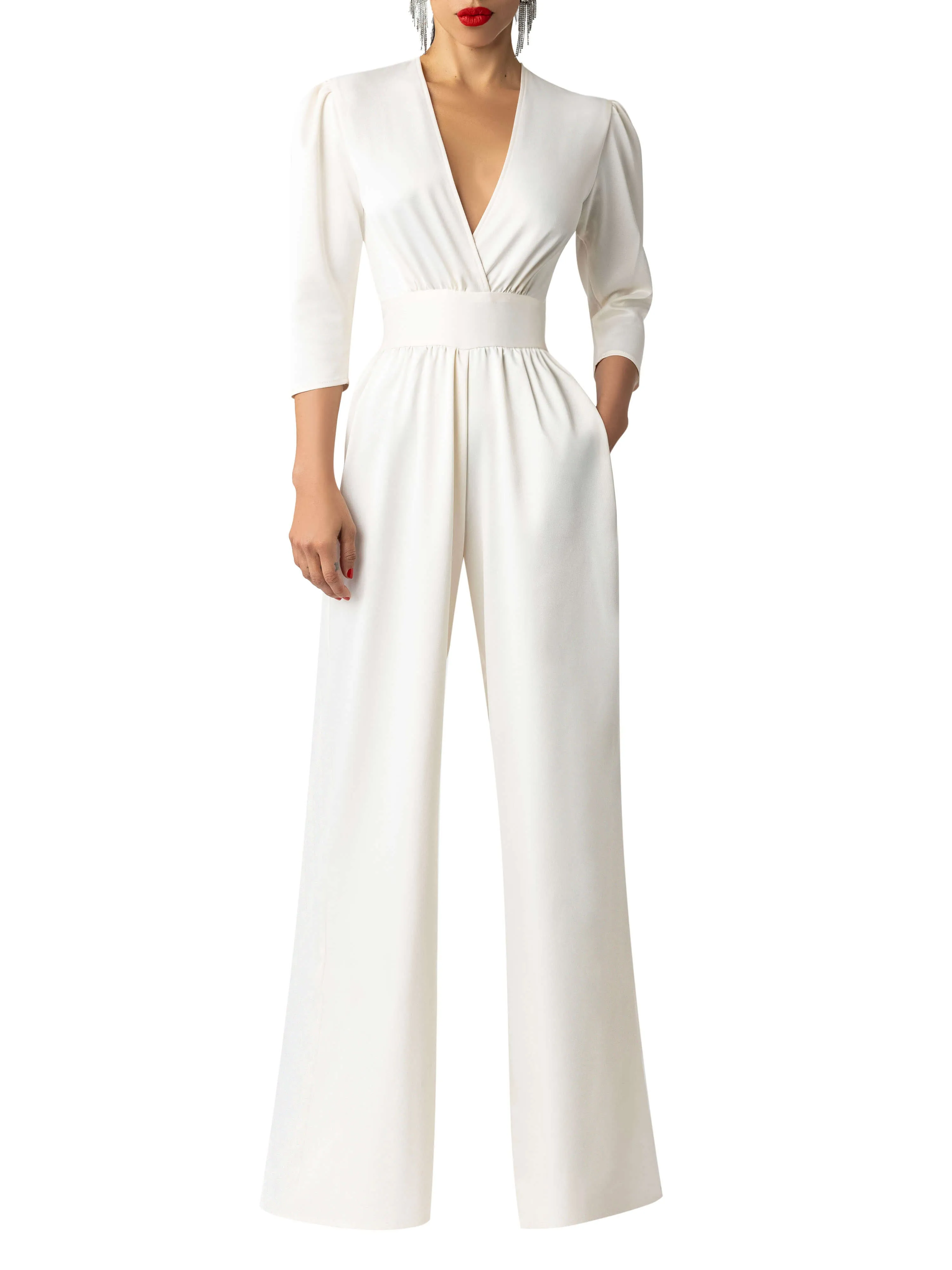 "Priscilla" Ivory V-Neck Jumpsuit