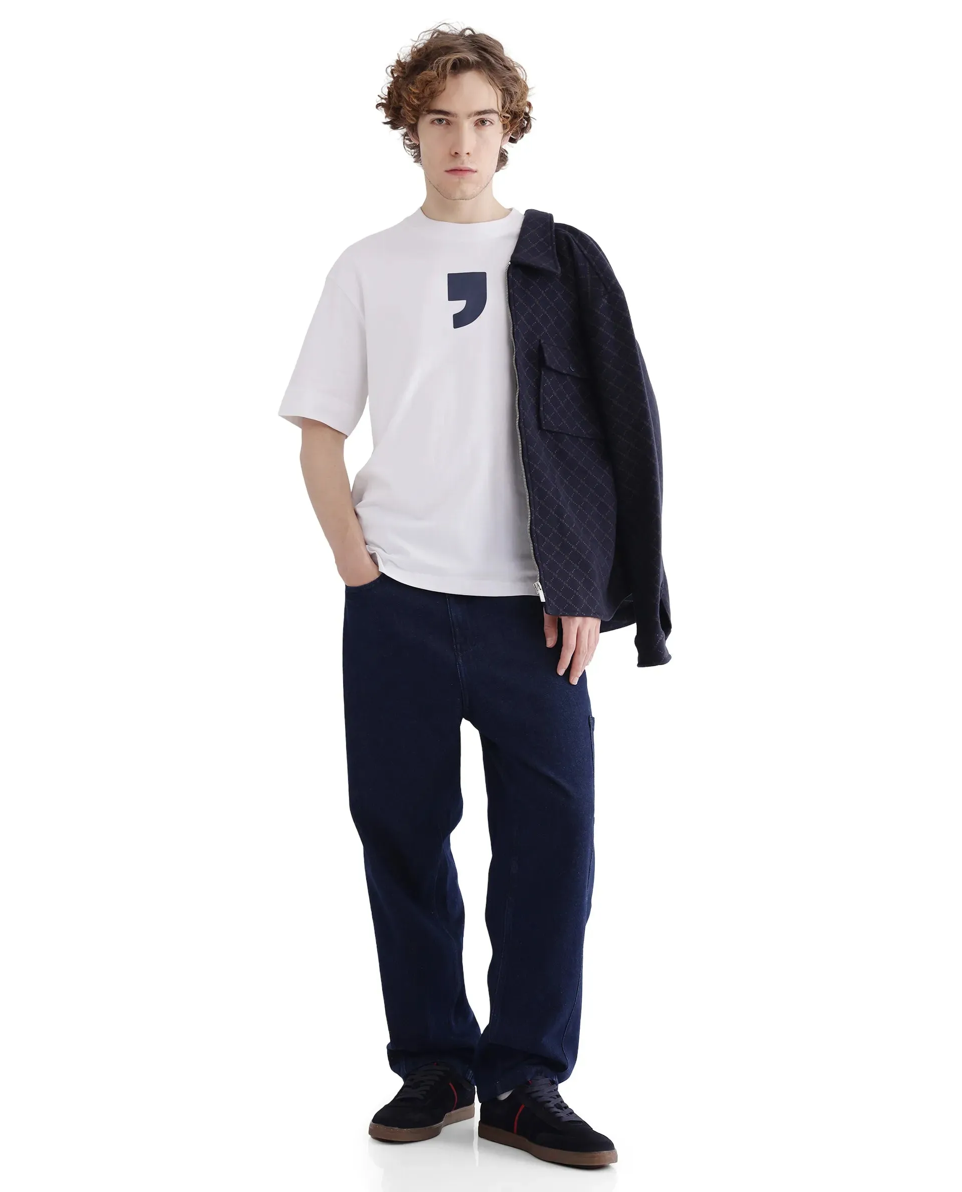 Rare Rabbit Men's Rare'z White Short Sleeve Crew Neck Oversized Fit T-Shirt