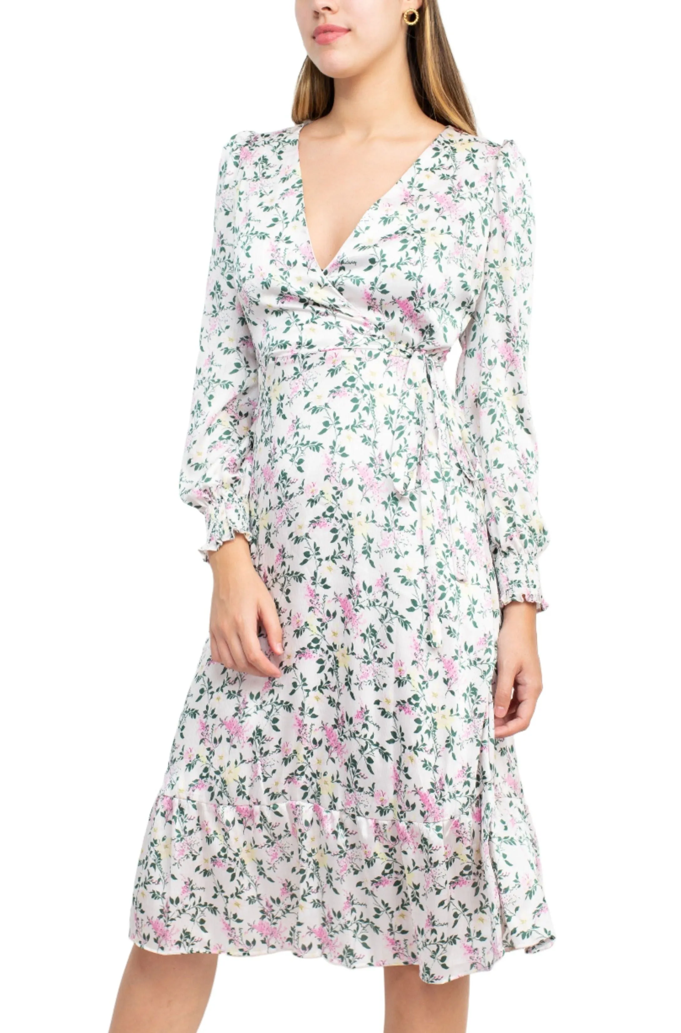 Sage Collective V-Neck Tie Side Long Sleeve Ruffled Cuff And Sleeve Floral Print Satin Dress