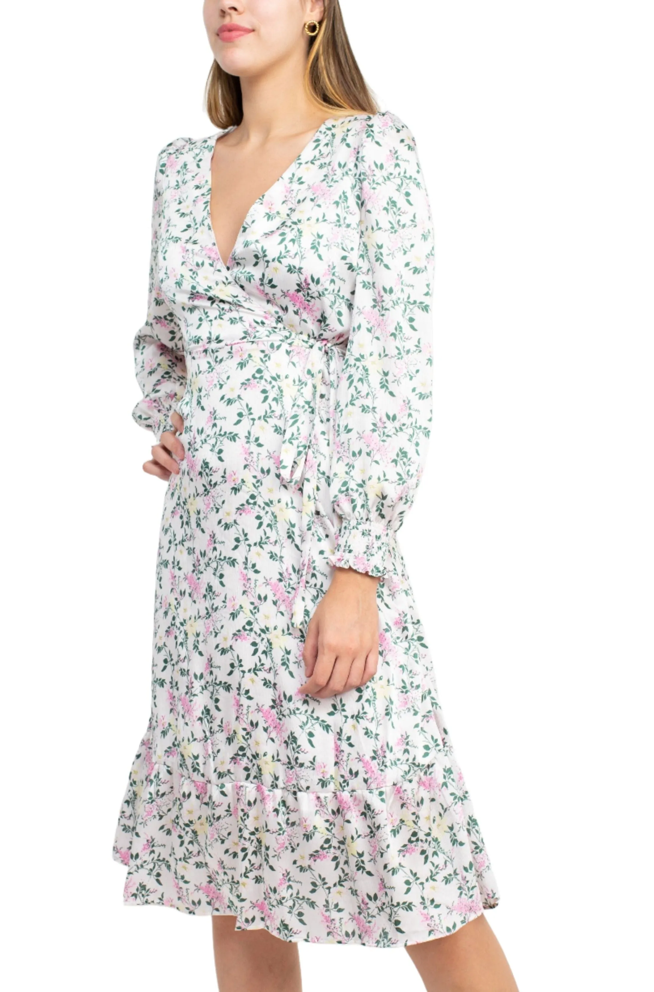 Sage Collective V-Neck Tie Side Long Sleeve Ruffled Cuff And Sleeve Floral Print Satin Dress