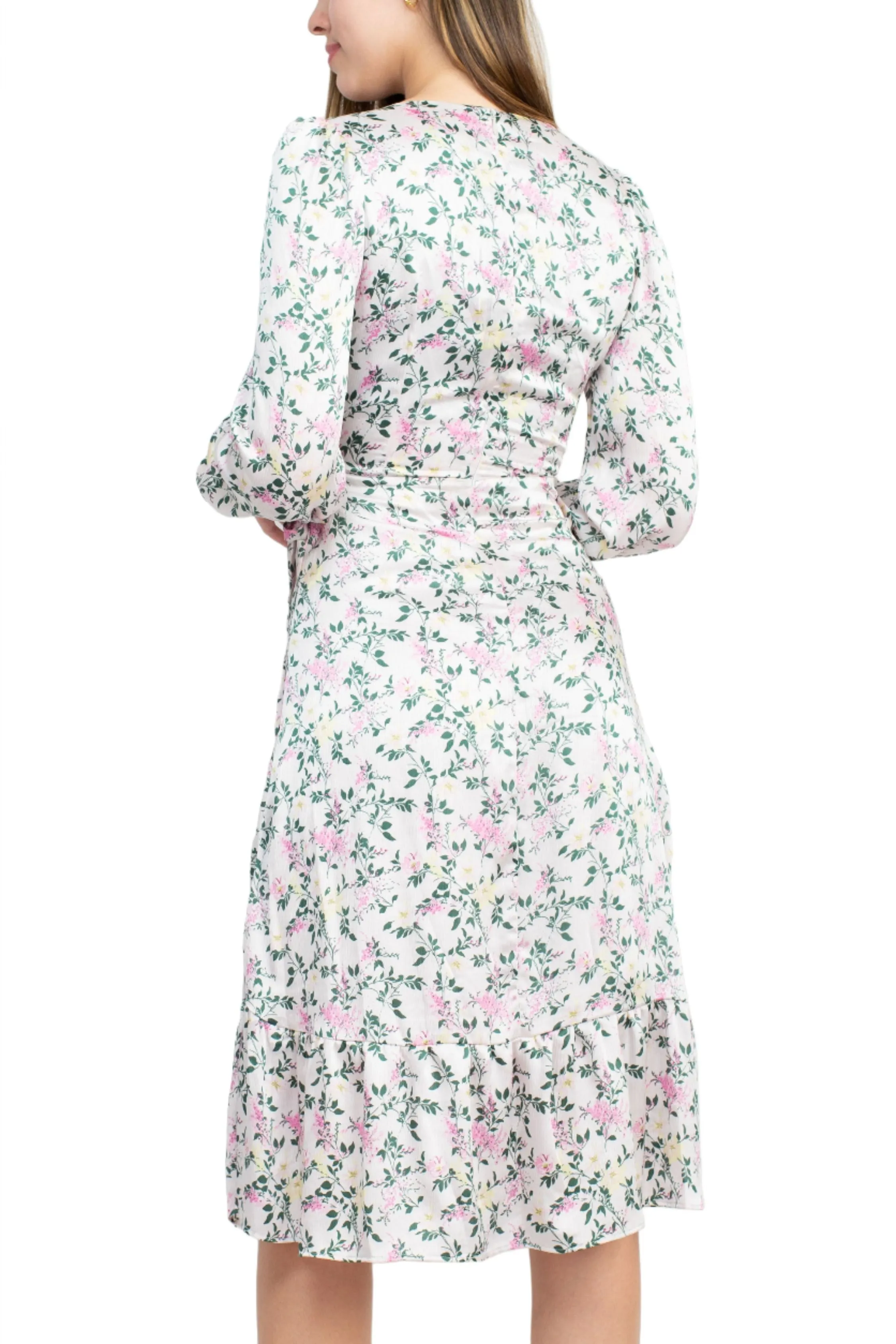 Sage Collective V-Neck Tie Side Long Sleeve Ruffled Cuff And Sleeve Floral Print Satin Dress